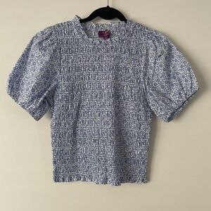 J. Crew Factory Blue and White Floral Smocked Puff Sleeve Top